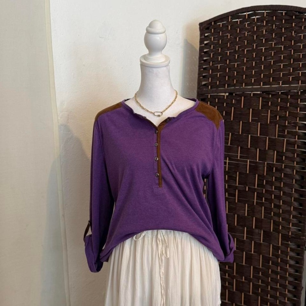 Ralph Lauren Women's Purple Henley Equestrian Top Faux Leather Size Large